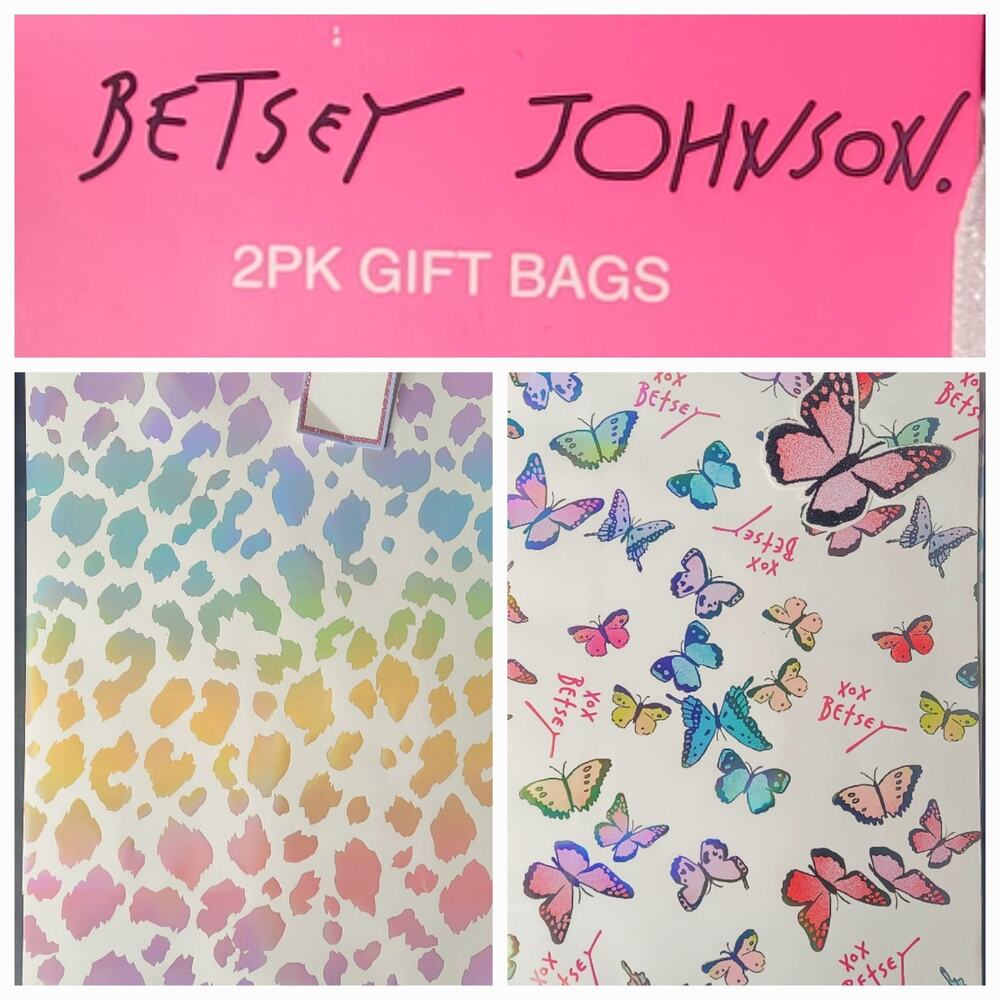 Betsey Johnson 2 Pk Gift Bags Pastel Rainbow‎ Leopard Print Butterflies XOXO NWT